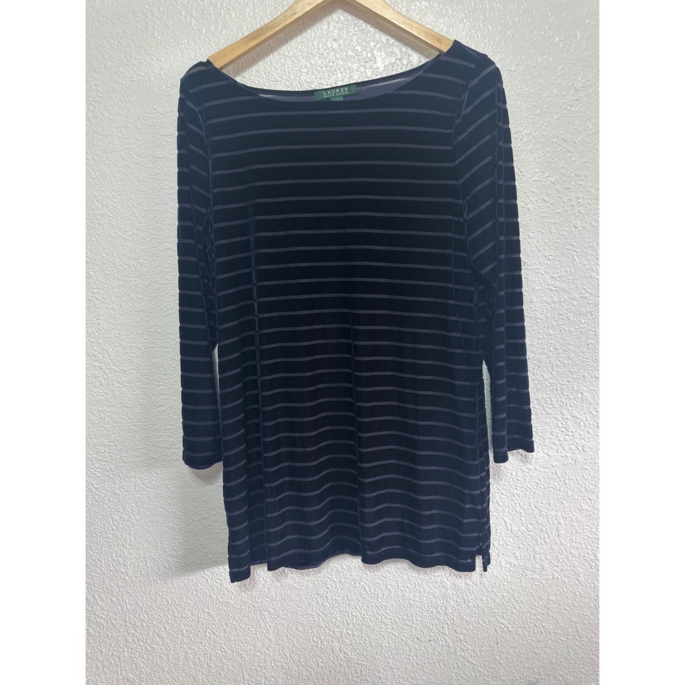 Lauren Ralph Lauren Navy Blue Velvet Burnout Striped Boat Neck Top XL 3/4 Sleeve